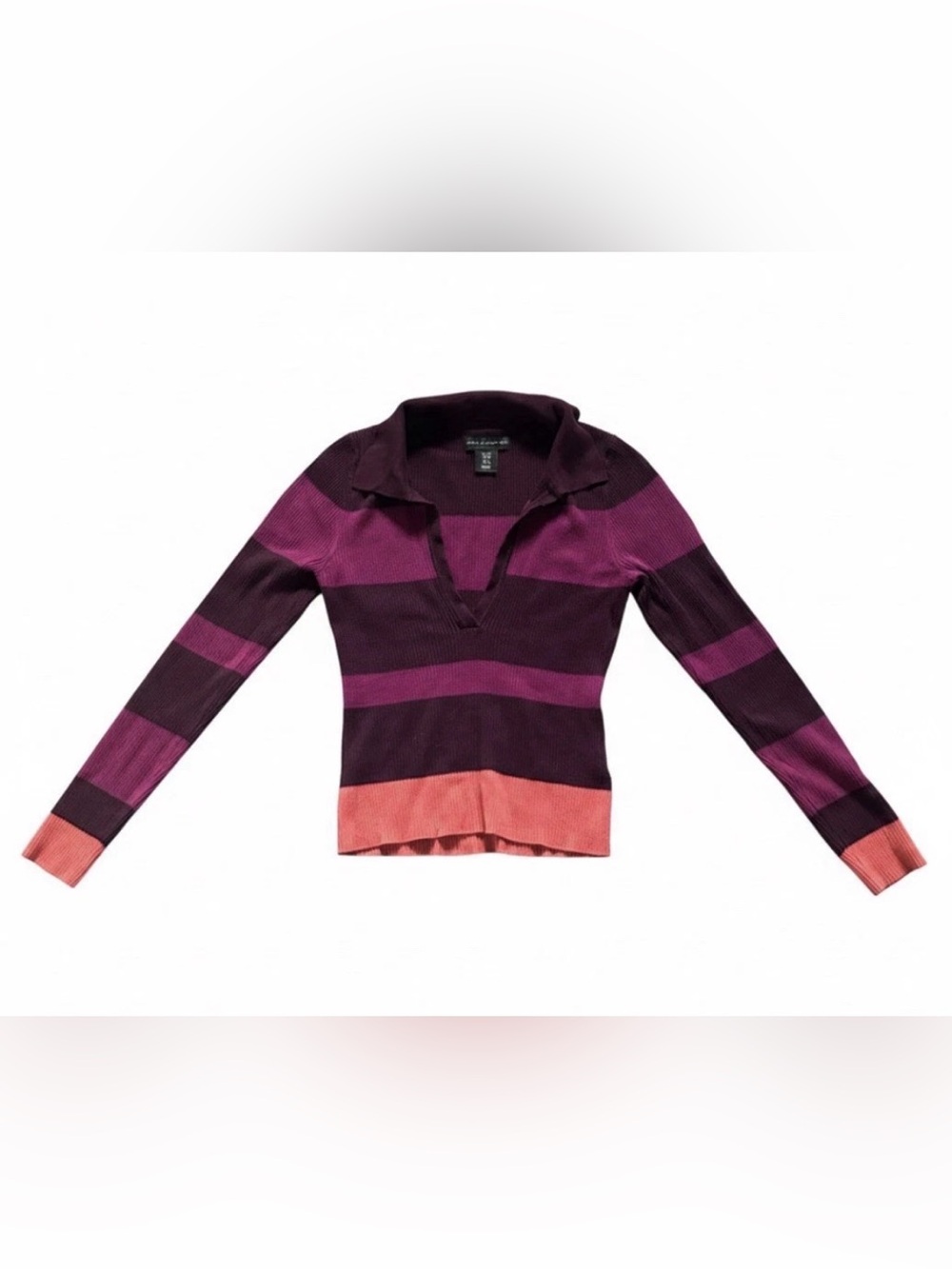 House of Harlow 1960 Ribbed Knit Striped Polo Top Size M Purple Pink Berry